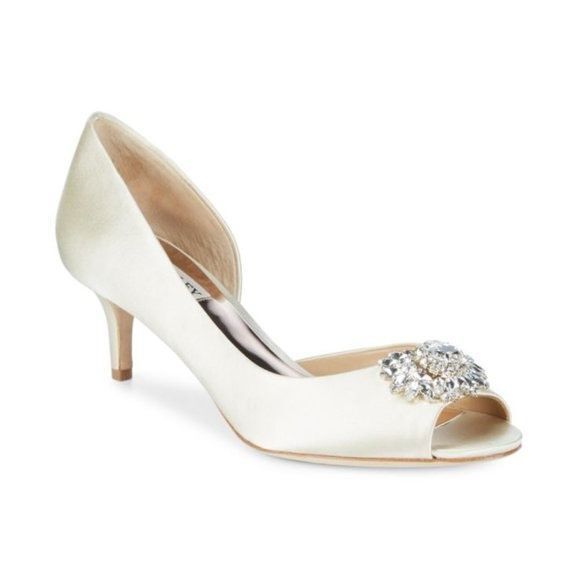Badgley Mischka Macie Ivory Satin Embellished D’Orsay Peep Toe Shoes Sz9 Wedding - Picture 1 of 14